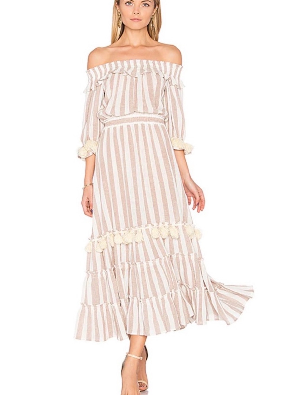 Misa Los Angeles Cream and Tan Striped Maxi Dress with Tassels